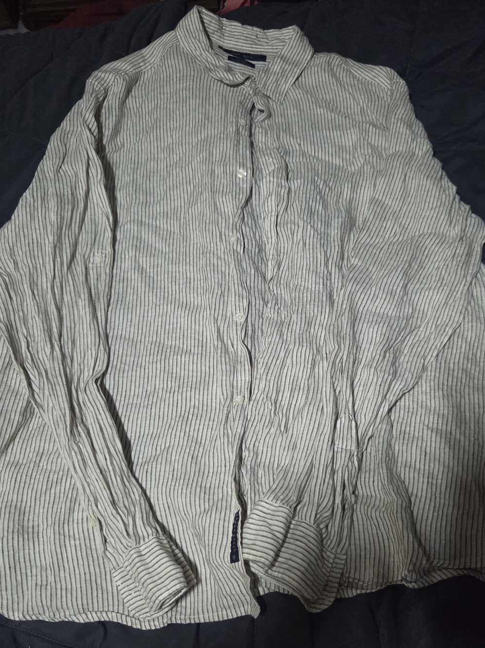 Perry Ellis Cream Shirt with Thin Brown Pinstripes
